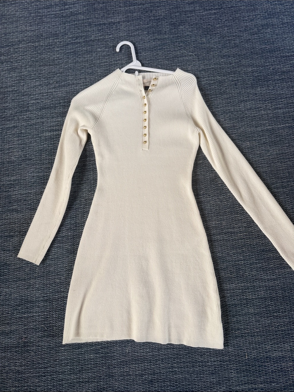Ribbed Henley Knit Long Sleeve light sweater Dress - Cream